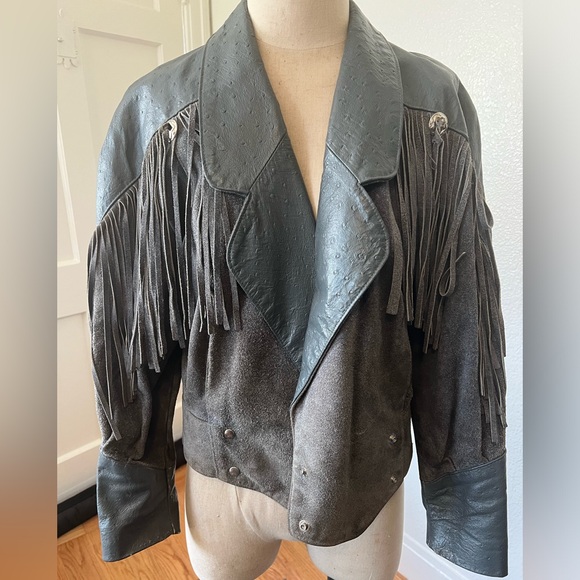 Vintage 1980s Leather Fringe Jacket Gray, Ostrich Print Leather and Suede - Sz M - Picture 3 of 17